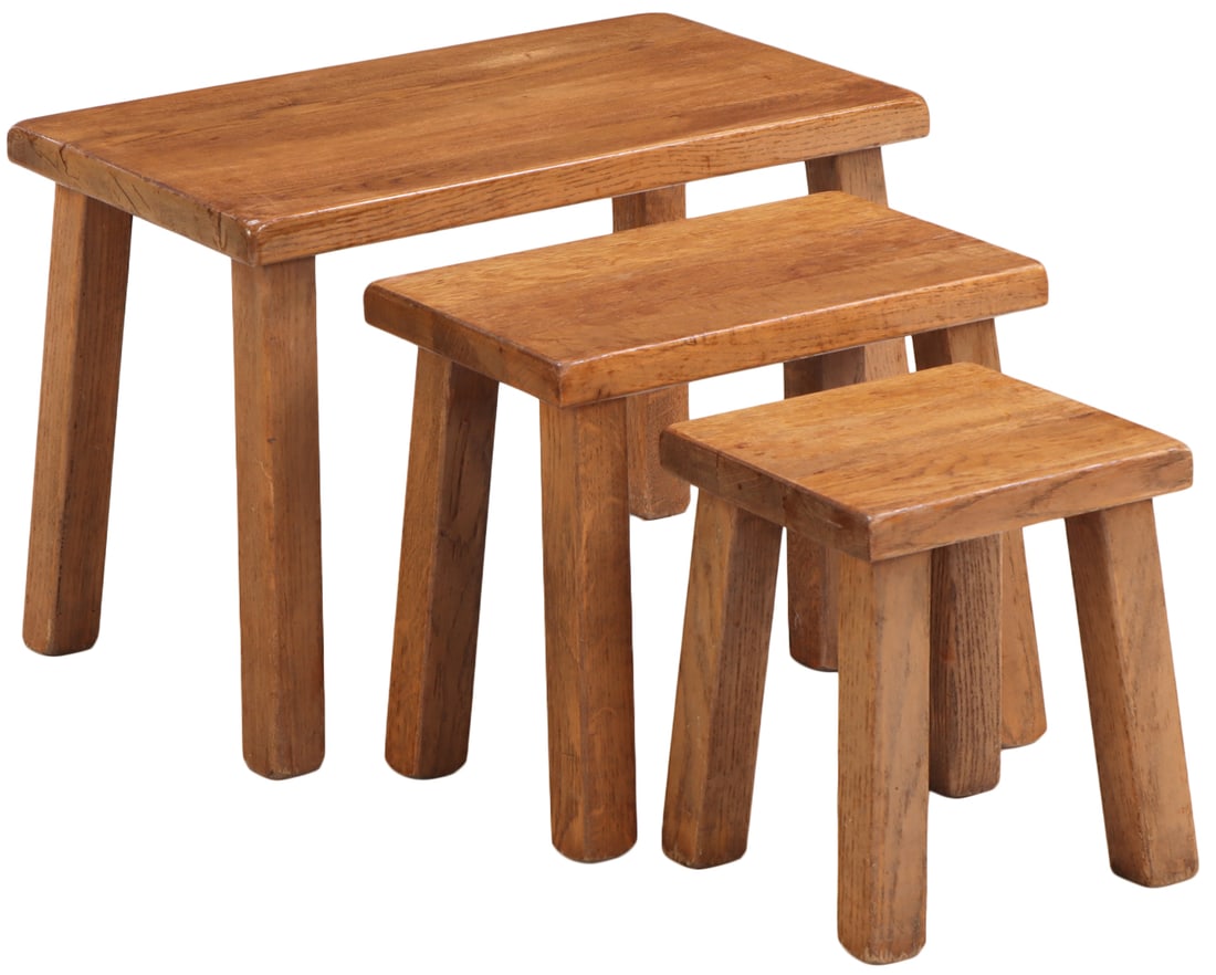 FRENCH BRUTALIST SOLID OAK NEST OF TABLES C 1960. (1 of 4)