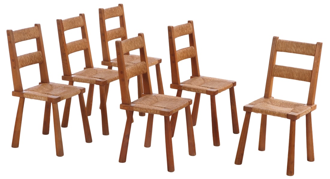 SIX FRENCH OAK AND RUSH DINING CHAIRS HAVING TAPERED ROUND LEGS C 1955. (1 of 6)