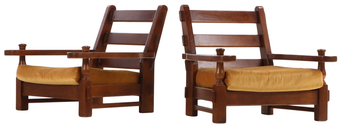 FRENCH OAK BRUTALIST STYLE ARM CHAIRS WITH LOOSE CUSHION UPHOLSTERY C 1960. (1 of 5)