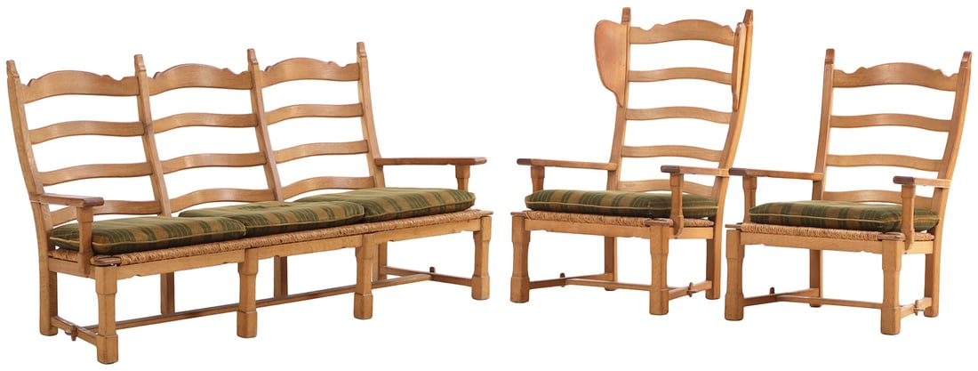 THREE PIECE FRENCH OAK SEATING SET C 1960 HAVING LOOSE CUSHION UPHOLSTERY. (1 of 7)