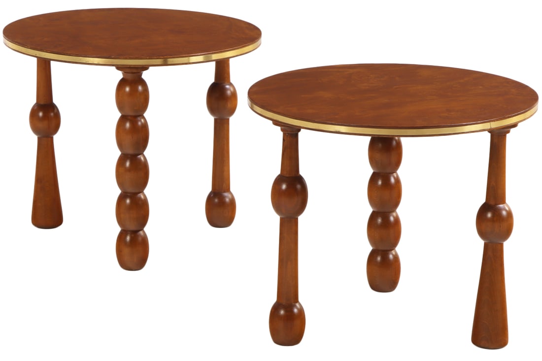 PAIR ASYMMETRIC BURL WOOD DRINKS TABLES IN THE MANNER OF CHARLES DUDOUYT. (1 of 4)