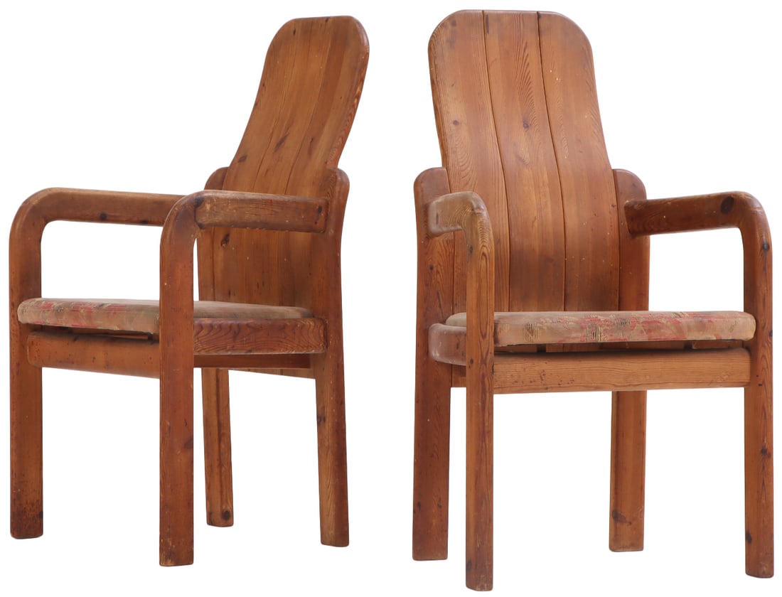 A PAIR OF FRENCH PINE BRUTALIST STYLE OPEN ARM CHAIRS C 1960. (1 of 6)