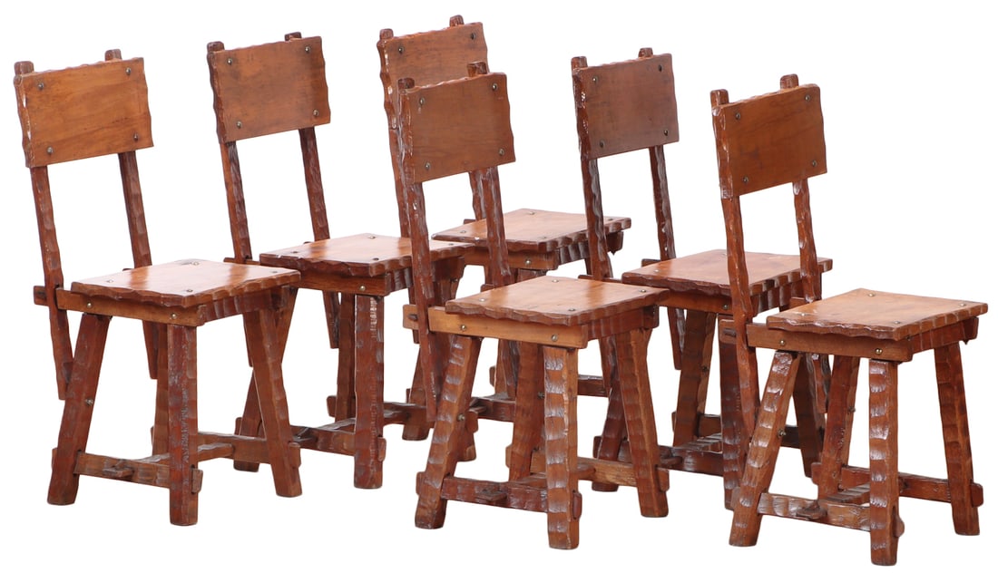 SIX BRUTALIST STYLE GOUGE CARVED DINING CHAIRS WITH PLANK SEATS C 1960.: Six Brutalist style gouge carved dining chairs with plank seats C 1960. Ht: 36" Wd: 17" Dpth: 17" Seat: 18.75"
