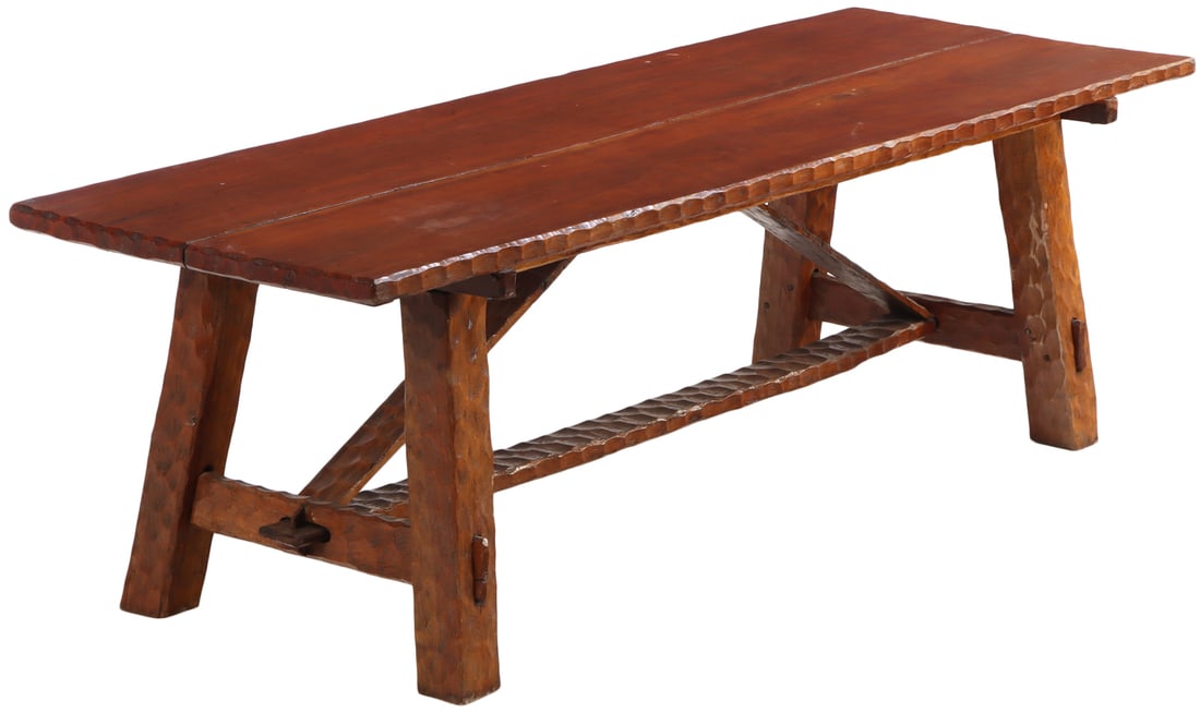 ONE OF TWO GOUGE CARVED BRAZILIAN MAHOGANY DINING TABLES WITH STRETCHER BASE C 1960 (1 of 5)