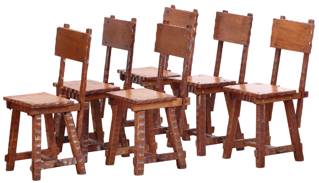 SIX BRUTALIST STYLE GOUGE CARVED DINING CHAIRS WITH PLANK SEATS C 1960.: Six Brutalist style gouge carved dining chairs with plank seats C 1960. Ht: 36" Wd: 17" Dpth: 17" Seat: 18.75"