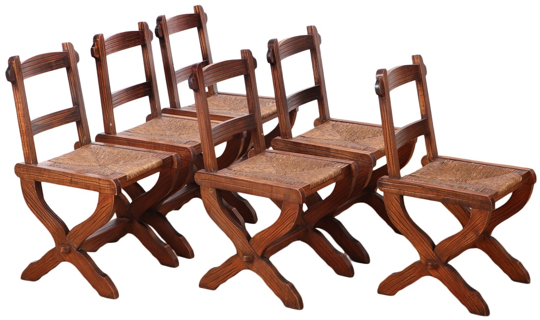 SIX BRUTALIST STYLE GOUGE CARVED DINING CHAIRS WITH RUSH SEATS C 1960. (1 of 8)