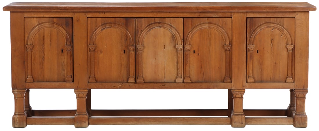 FRENCH BRUTALIST STYLE SOLID OAK SIDEBOARD HAVING ARCHED DOORS AND IRON LOCK SETS C 1960. (1 of 9)