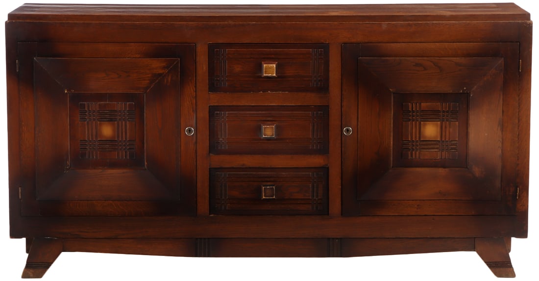 FRENCH OAK SIDEBOARD HAVING TWO DOORS AND THREE DRAWERS C 1940 IN THE MANNER OF CHARLES DUDOUYT. (1 of 7)