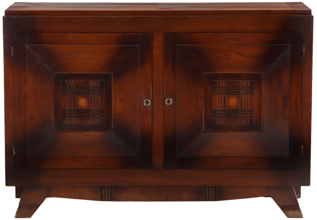 FRENCH OAK SERVER HAVING TWO DOORS WITH GEOMETRIC MOTIFS C 1940 IN THE MANNER OF CHARLES DUDOUYT. (1 of 7)