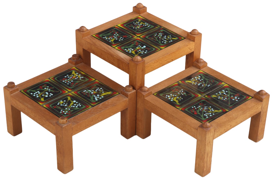 THREE ( PAIR AND SINGLE) STACKABLE FRENCH OAK AND TILE TABLES BY GUILLERME AND CHAMBRON C 1970. (1 of 6)