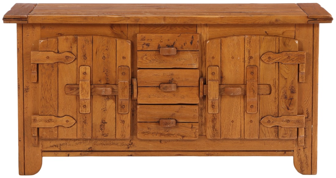 FRENCH OAK COTTAGE SERVER MADE FROM HEAVY LUMBER HAVING TWO DOORS AND THREE DRAWERS C 1970 (1 of 6)