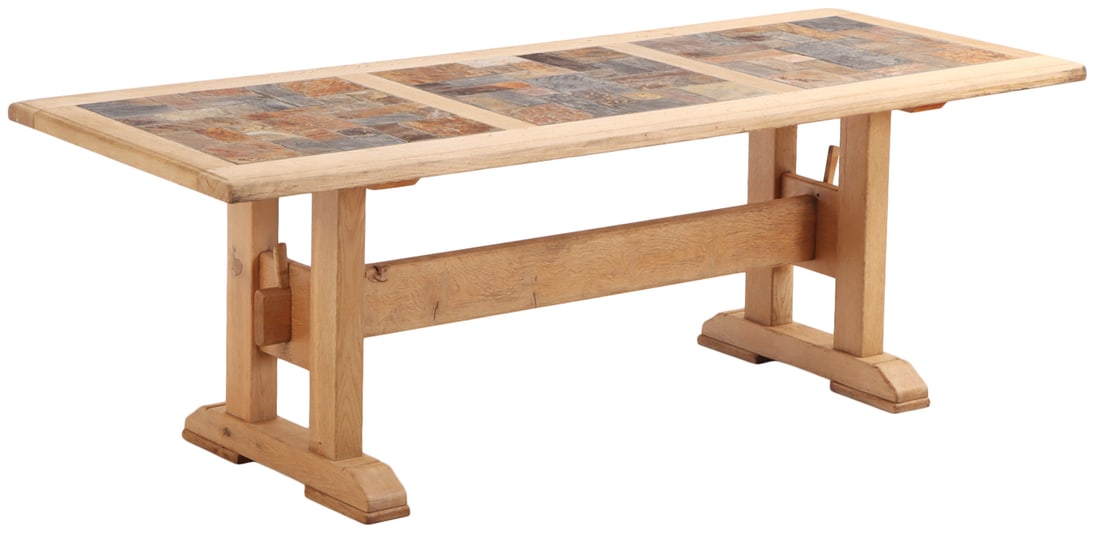 FRENCH OAK BRUTALIST STYLE TABLE HAVING INSET SLATE TOP AND MORTIS AND TENON BASE C 1960: French oak Brutalist style table having inset slate top and mortis and tenon base C 1960 Ht: 29.5" Wd: 86.75" Dpth: 33.5"