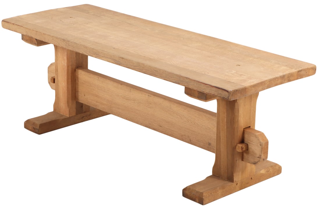 HEAVY FRENCH SOLID OAK TABLE IN THE BRUTALIST STYLE C 1950. TOP SUPPORTED BY THICK UPRIGHTS WITH (1 of 5)