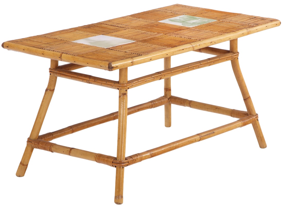 FRENH RATTAN COFFEE TABLE HAVING TWO INSET CERAMIC TILES C 1950. (1 of 5)