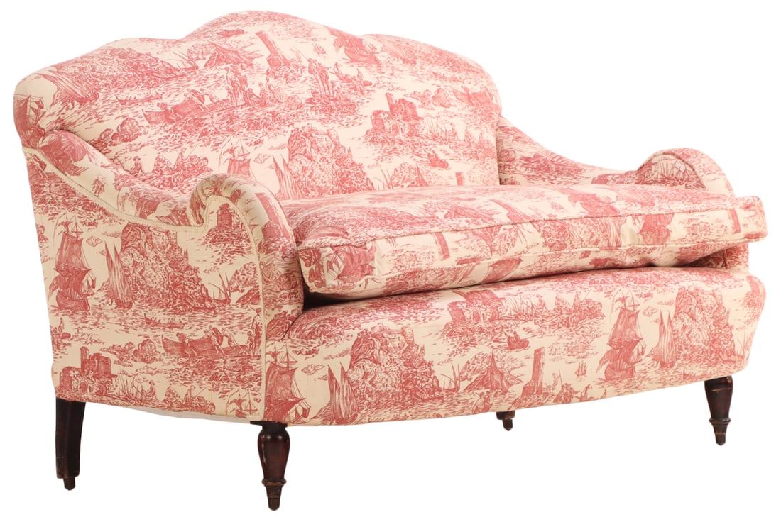 NAPOLEON III SETTEE HAVING A NICELY SHAPED FRAME AND RESTING ON EBONIZED TURNED FEET C 1860. (1 of 5)