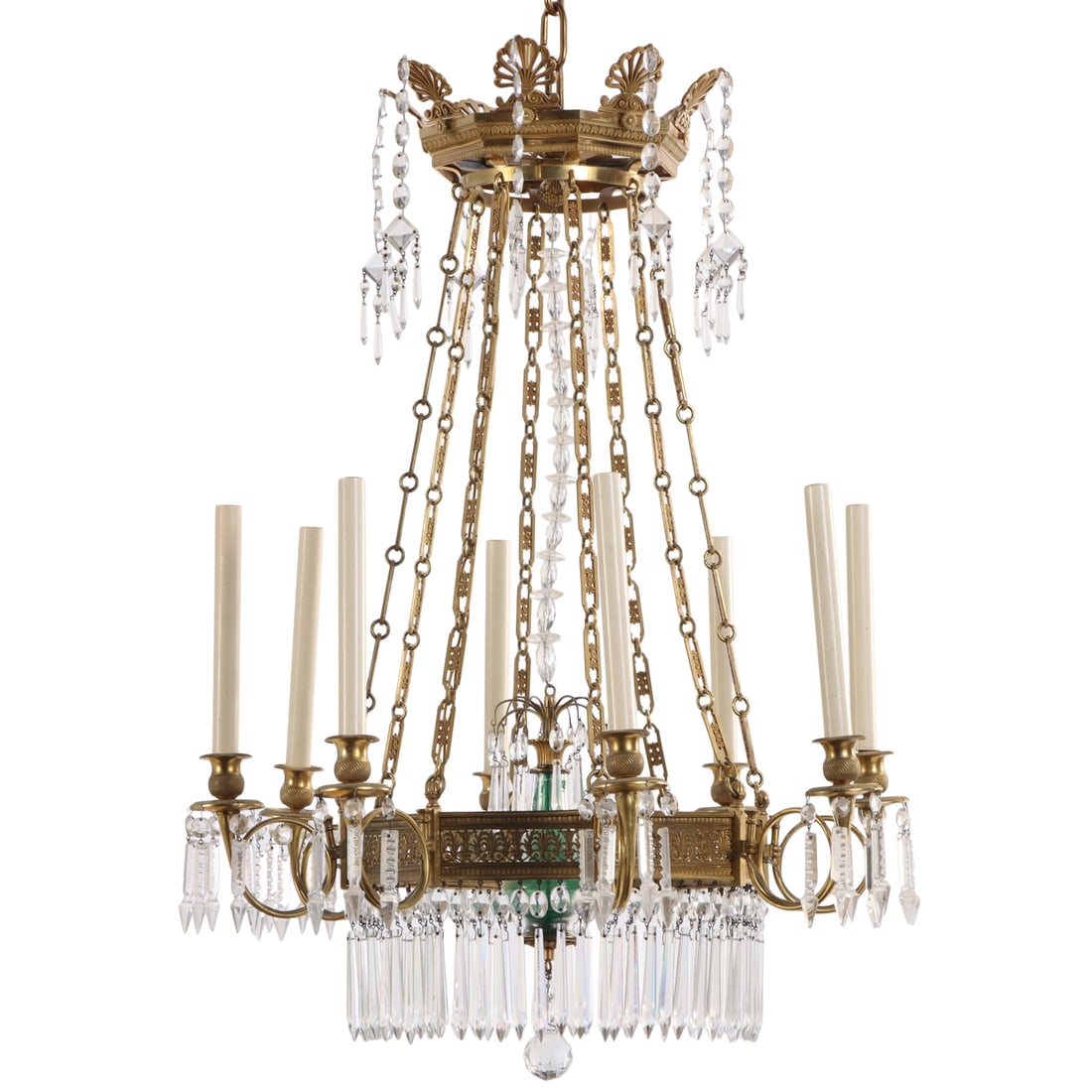FRENCH BRONZE AND CRYSTAL REGENCY STYLE EIGHT ARM CHANDELIER HAVING QUALITY BRONZE CASTINGS C 1910. (1 of 6)