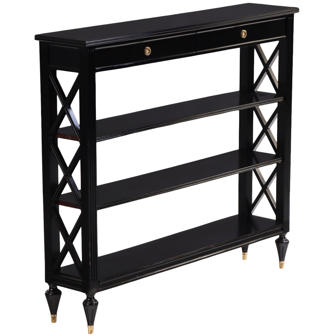 FRENCH DIRECTOIRE STYLE EBONIZED MAHOGANY OPEN BOOKCASE WITH X DEIGN C 1950. (1 of 5)