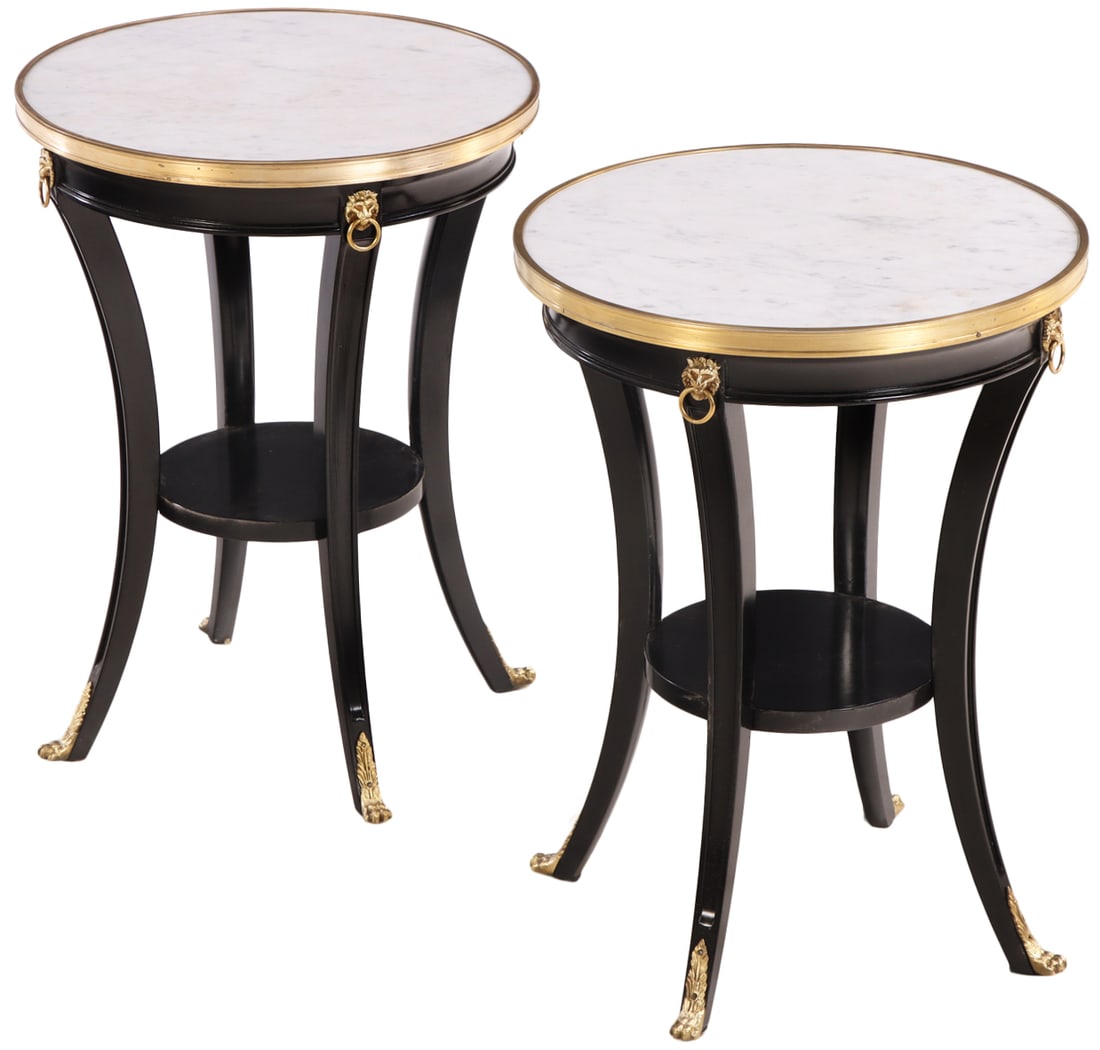 PAIR OF EBONIZED MAHOGANY DIRECTOIRE STYLE MARBLE TOP BRONZE MOUNTED TABLES C 1950. (1 of 5)