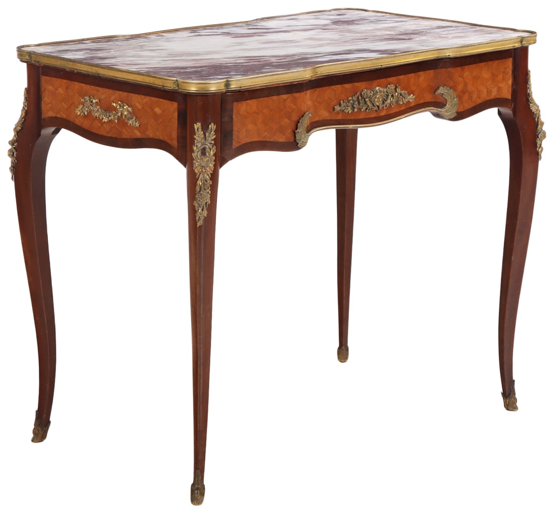 FRENCH LOUIS XV STYLE BRONZE MOUNTED AND PARQUETRY INLAID MARBLE TOP TABLE HAVING A SINGLE DRAWER C (1 of 6)