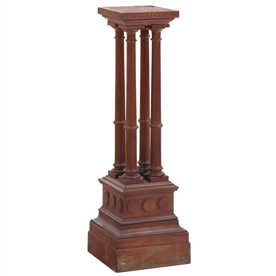 NEOCLASSICAL STYLE PEDESTAL HAVING FOUR TURNED COLUMNS SUPPORTING A SQUARE TOP C 1900. LACKING (1 of 5)