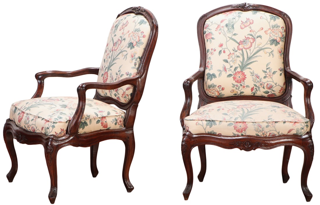 PAIR OF FRENCH CARVED WALNUT EIGHTEENTH CENTURY OPEN ARM CHAIRS HAVING GOOD SCALE. (1 of 7)