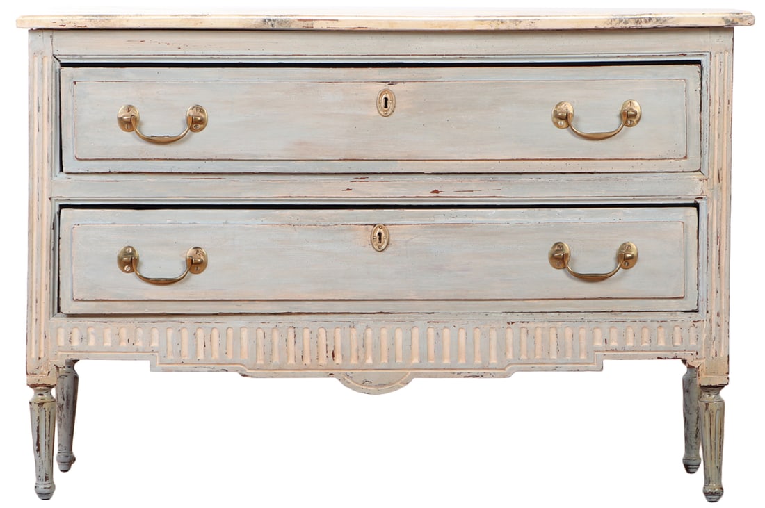 EIGHTEENTH CENTURY CONTINENTAL TWO DRAWER COMMODE PAINTED IN A PALE BLUE AND CREAM.: Eighteenth century Continental two drawer commode painted in a pale blue and cream. Ht: 32" Wd: 47.5" Dpth: 21"
