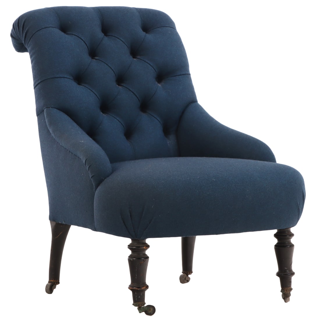 NAPOLEON III SLIPPER CHAIR RESTING ON EBONIZED TURNED FEET C 1860.: Napoleon III slipper chair resting on ebonized turned feet C 1860. Ht: 30" Wd: 22.5" Dpth: 31.75" Seat: 14"