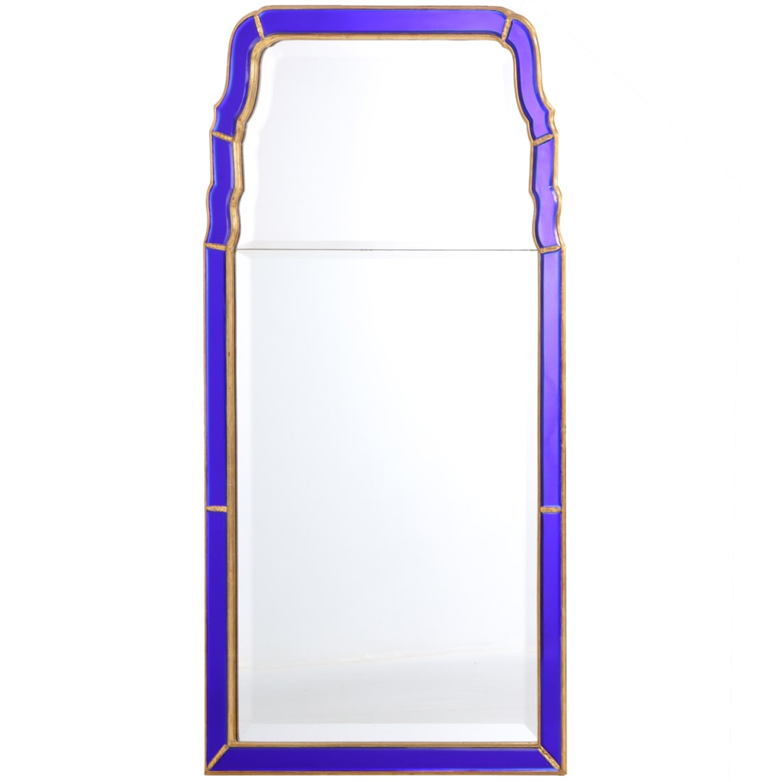 QUEEN ANNE STYLE MIRROR WITH BLUE GLASS FRAME ATTRIBUTED TO MIRROR FAIR.: Queen Anne style mirror with blue glass frame attributed to Mirror Fair. Ht: 50.25" Wd: 27" Dpth: 1.5"