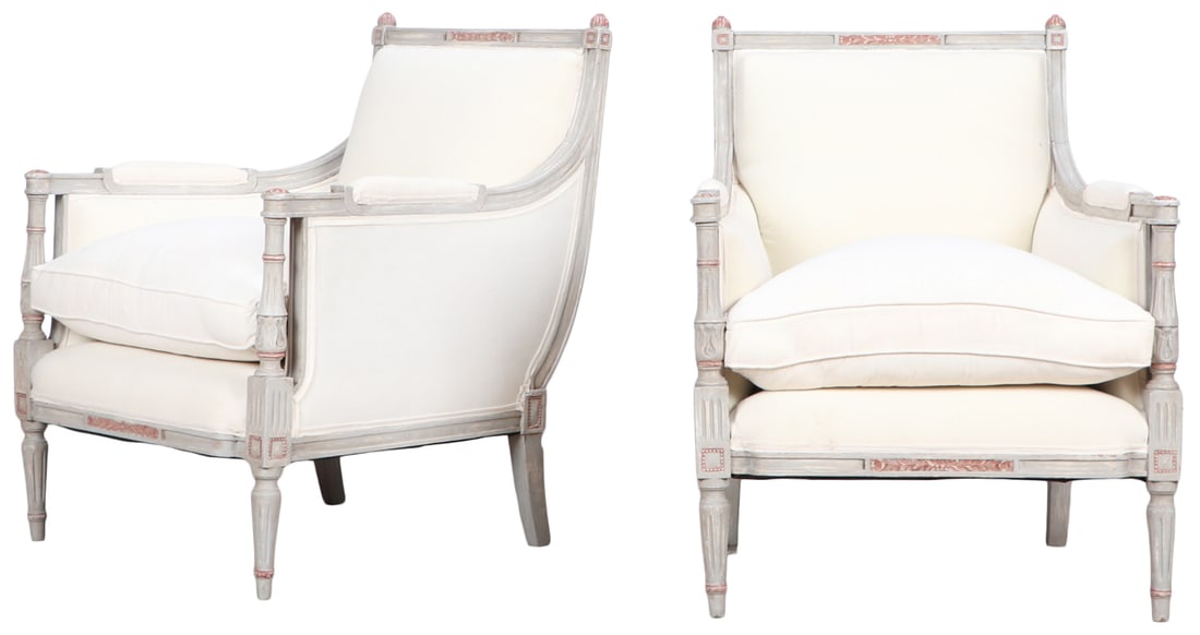 PAIR OF GREY PAINTED LOUIS XVI STYLE BERGERE CHAIRS C 1945 HAVING NEW FABRIC.: Pair of Grey painted Louis XVI style bergere chairs C 1945 having new fabric. Ht: 34" Wd: 26.75" Dpth: 29.5" Seat: 20.25"