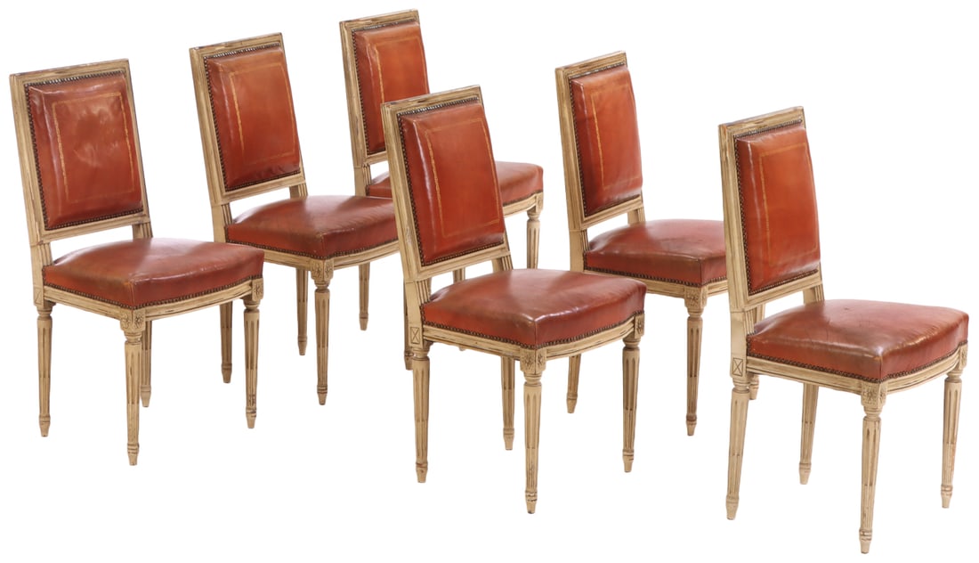 SIX PAINTED FRENCH LOUIS XVI STYLE LEATHER UPHOLSTERED DINING CHAIRS C 1940. (1 of 7)