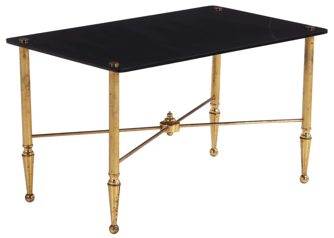 FRENCH BRASS COFFEE TABLE HAVING OPALINE GLASS TOP C 1950. (1 of 4)