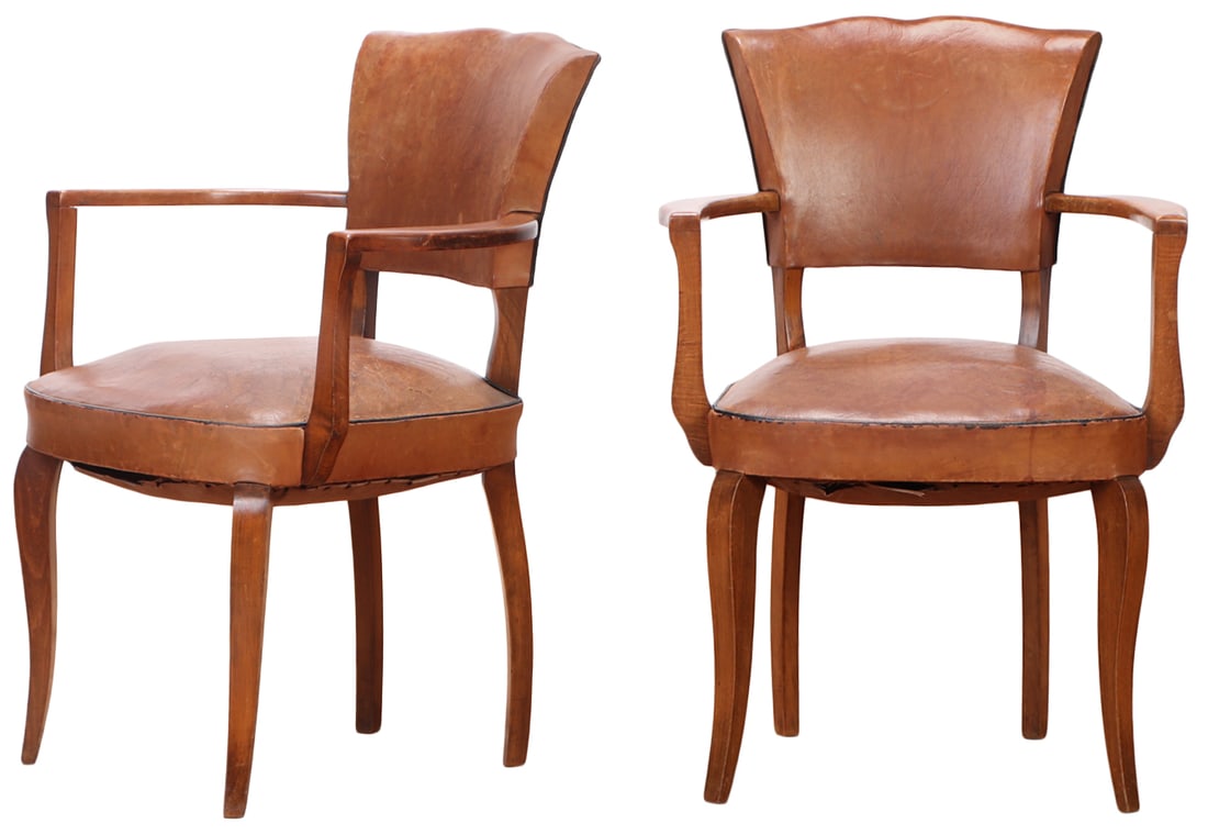 PAIR FRENCH LEATHER AND WOOD OPEN ARM CHAIRS C 1945. (1 of 9)