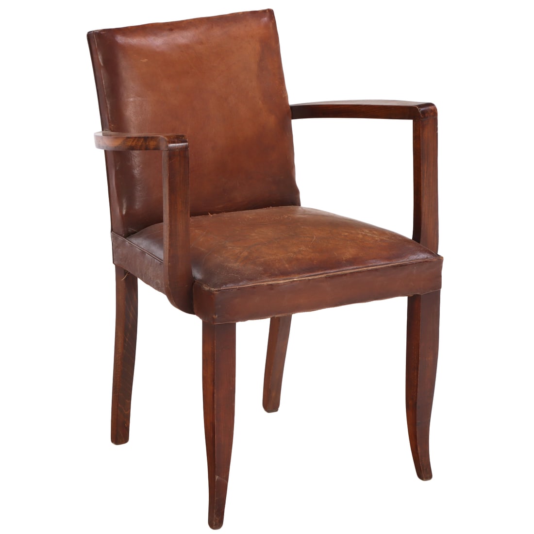FRENCH WOOD AND LEATHER OPEN ARM CHAIR C 1940. (1 of 5)