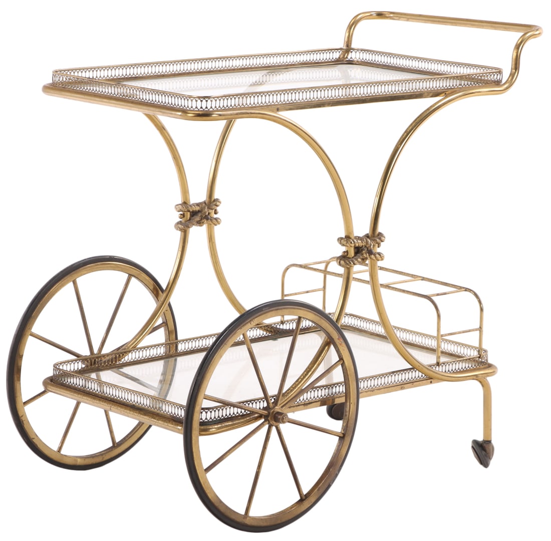 FRENCH BRASS BAR CART WITH ROPE MOTIF AND BOTTLE HOLDER C 1950. (1 of 5)