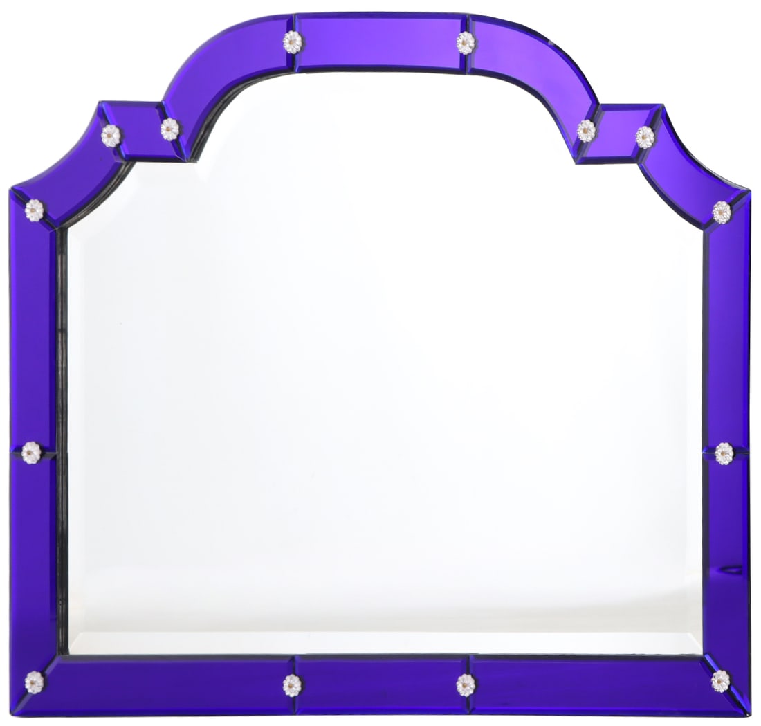 WALL HUNG MIRROR WITH BLUE GLASS FRAME BY MIRROR FAIR.: Wall hung mirror with blue glass frame by Mirror Fair. Ht: 30" Wd: 40" Dpth: 1.25"