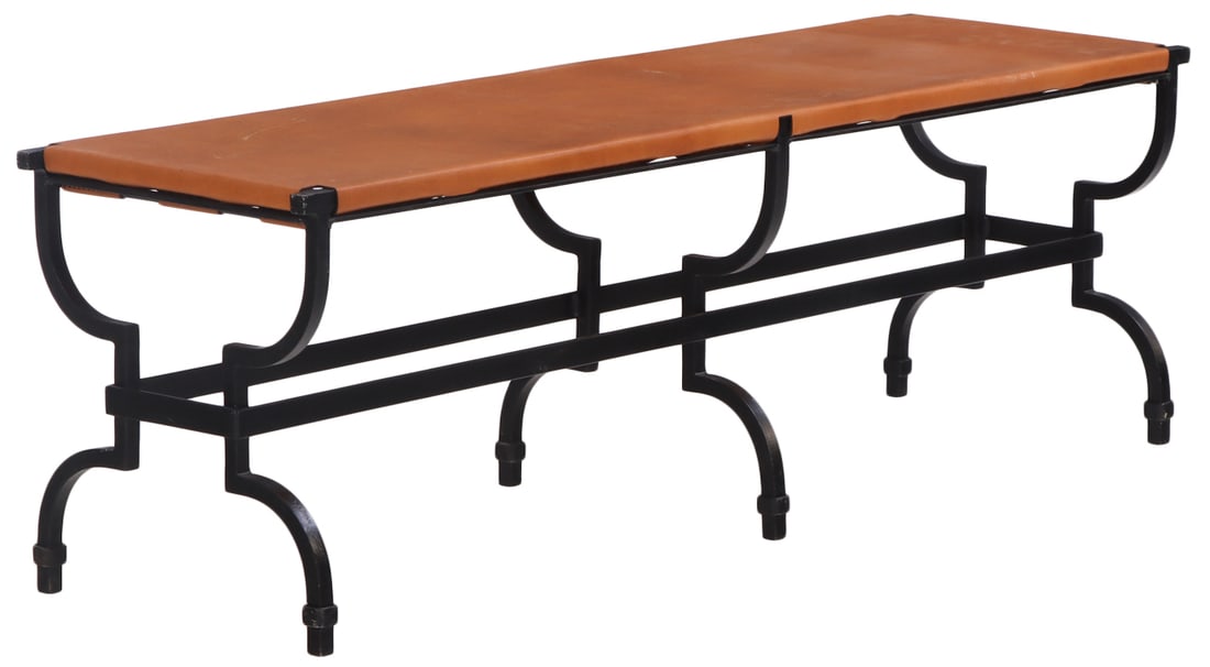 FRENCH WROUGHT IRON AND LEATHER BENCH C 1980: French wrought iron and leather bench C 1980 Ht: 18" Wd: 56.75" Dpth: 16"