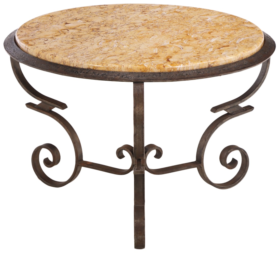 FRENCH HAND HAMMERED IRON AND MARBLE COFFEE TABLE C 1945. (1 of 5)