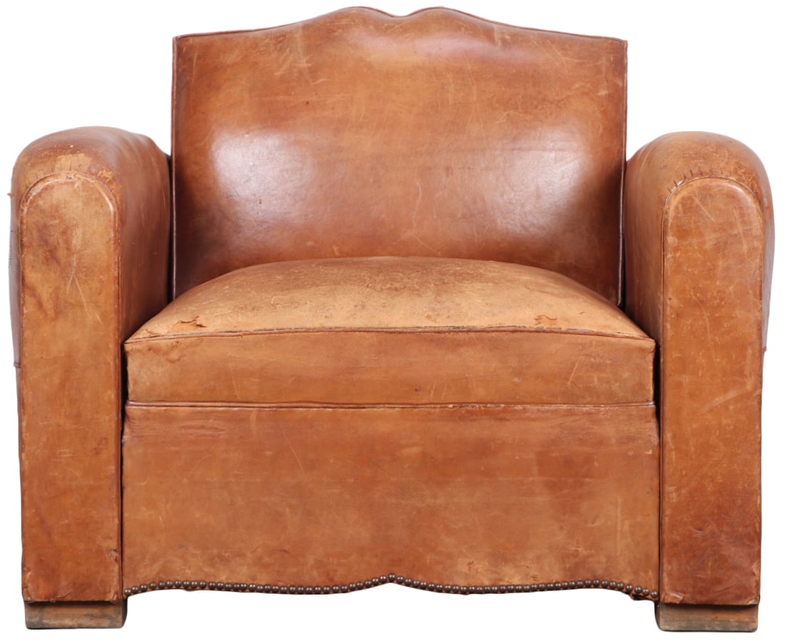 RARE LARGE FRENCH ART DECO LEATHER CLUB CHAIR THAT CONVERTS TO A DAYBED OR CHAISE LOUNGE C 1940. (1 of 12)