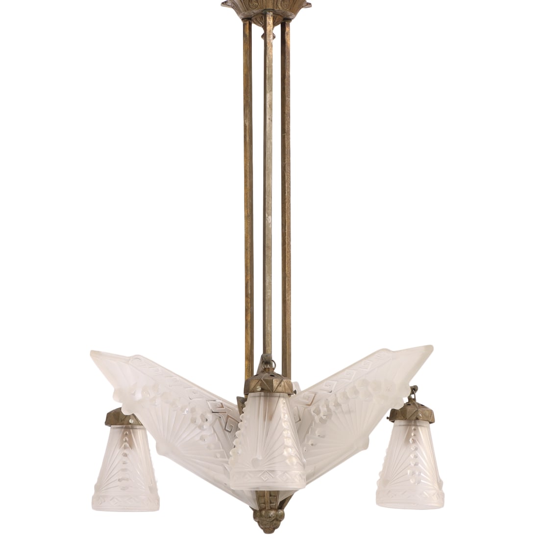 FRENCH ART DECO CHANDELIER WITH GLASS SHADES AND METAL FRAME C 1935.: French Art Deco chandelier with glass shades and metal frame C 1935. Ht: 31" Wd: 22.5" Dpth: 22.5"