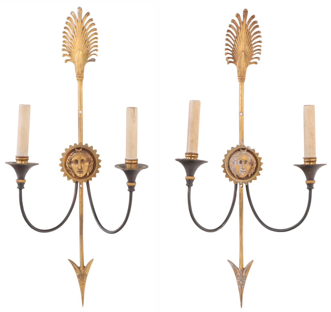 FRENCH TWO TONE BRONZE TWO ARM WALL SCONCES IN THE MANNER OF JANSEN C 1940. (1 of 5)