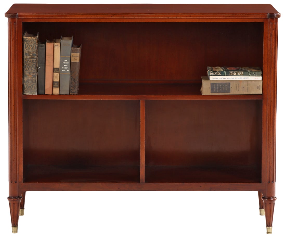 OPEN MAHOGANY BOOKCASE C 1950 IN THE LOUIS XVI STYLE LABELED NORDISKA. (1 of 6)