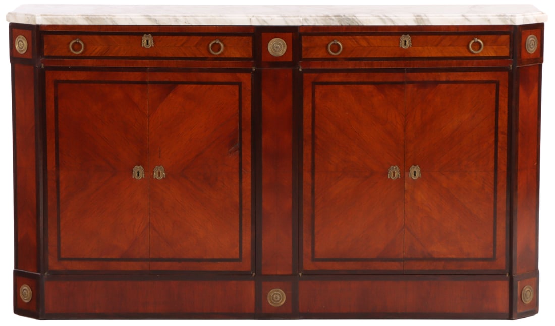 FOUR DOOR MAHOGANY BRONZE MOUNTED AND MARBLE TOP SIDEBOARD ATTRIBUTED TO NORDISKA C 1950. (1 of 6)