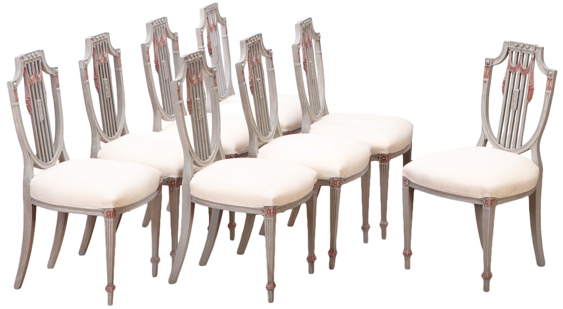 EIGHT GREY PAINTED SHIELD BACK DINING CHAIRS IN THE MANNER OF JANSEN C 1940 HAVING NEWLY (1 of 7)