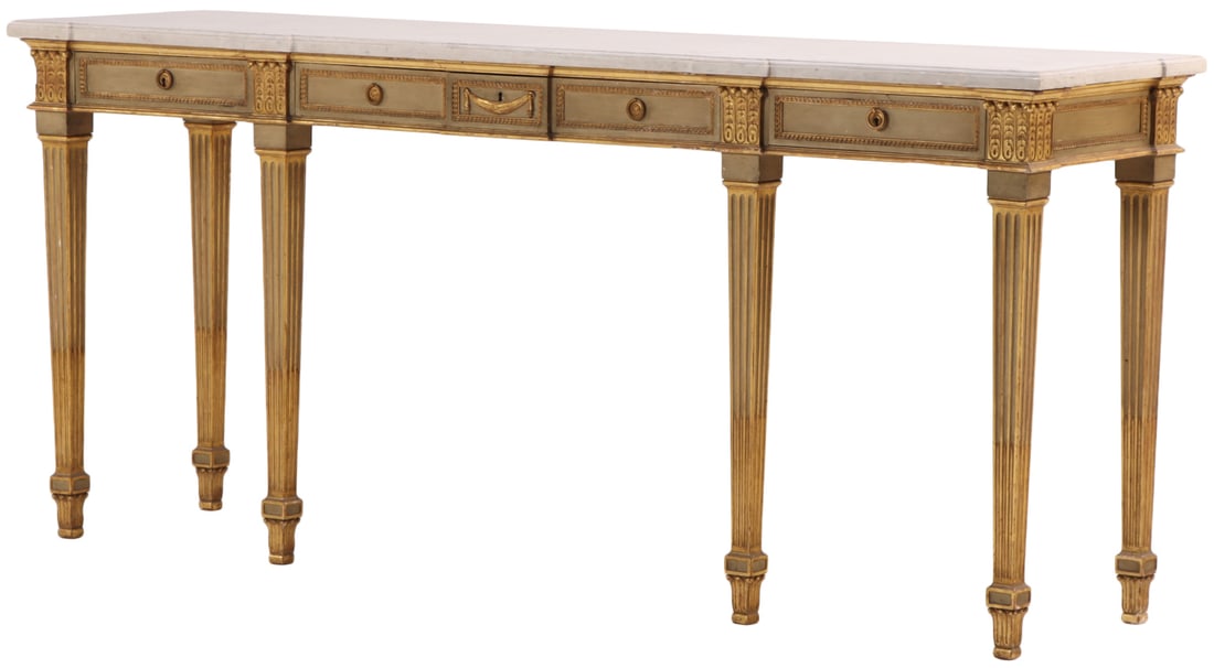 PAINTED, CARVED AND PARTIAL GILTWOOD MARBLE TOP CONSOLE TABLE BY JANSEN C 1940 HAVING THREE (1 of 7)