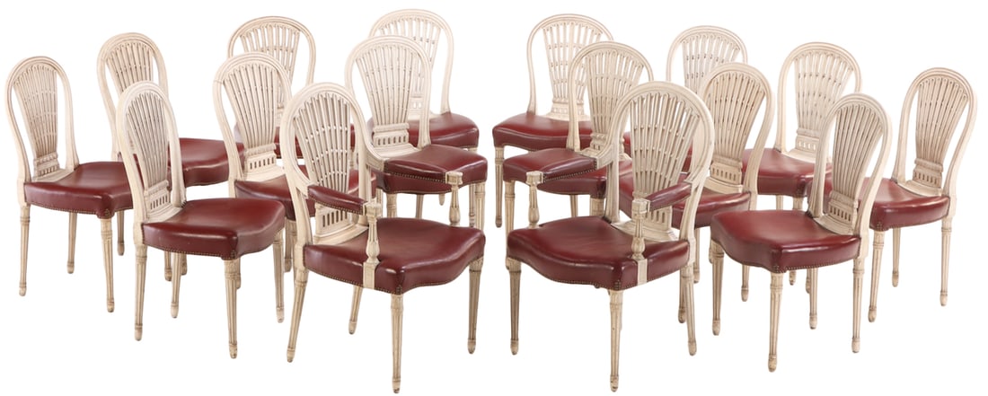 A RARE LOT OF SIXTEEN BALLOON BACK PAINTED WOOD AND LEATHER DINING CHAIRS ATTRIBUTED TO JANSEN C (1 of 6)