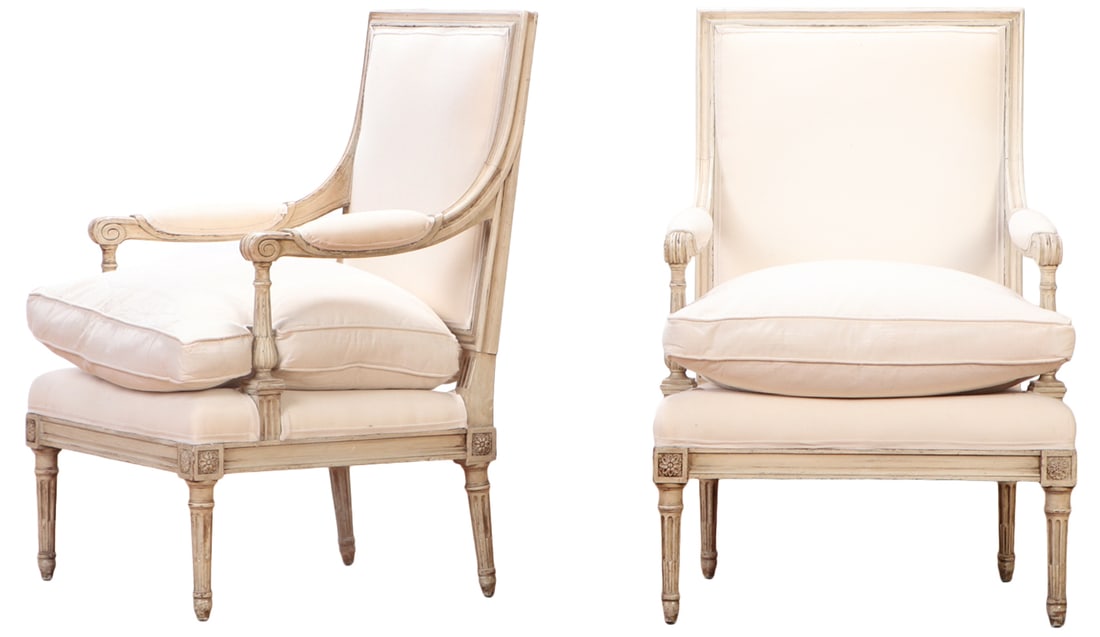 PAIR OF LOUIS XVI STYLE PAINTED OPEN ARM CHAIRS BY JANSEN C 1945. STENCILED ON UNDERSIDE. RECENTLY (1 of 8)