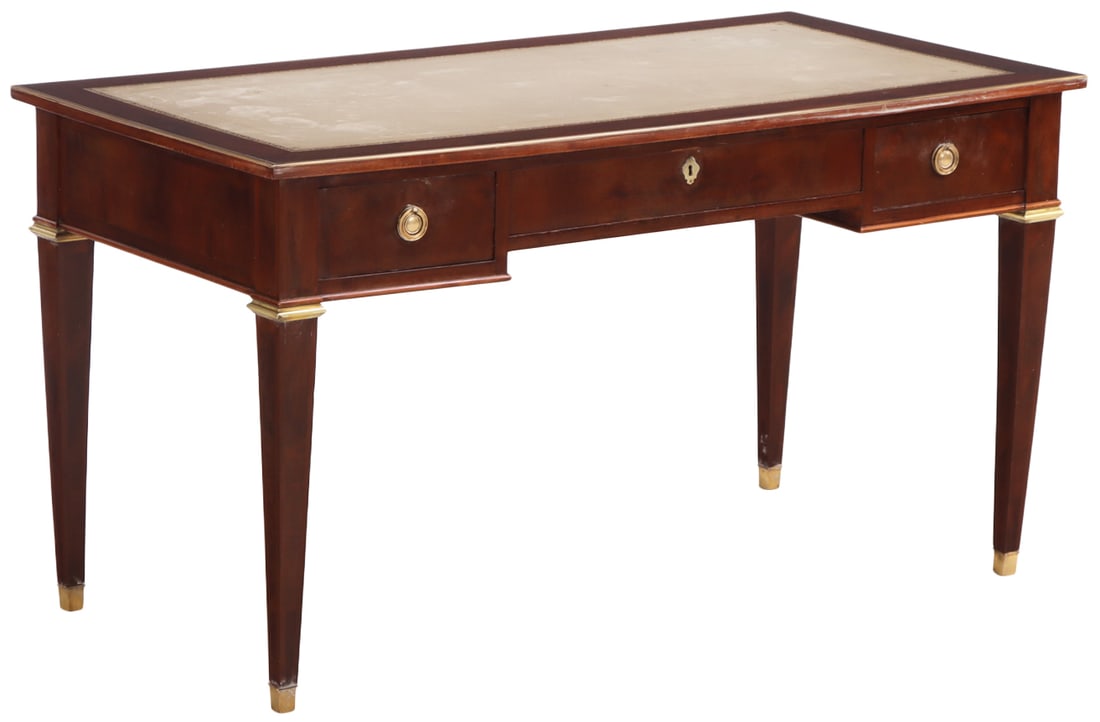 MAHOGANY CABINET MADE BRONZE MOUNTED WRITING DESK HAVING THREE DRAWERS AND A LEATHER TOP IN THE (1 of 7)