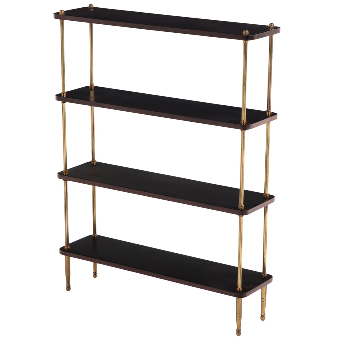 FRENCH EBONIZED MAHOGANY AND BRASS OPEN SHELF IN THE MANNER OF JANSEN C 1950. (1 of 6)