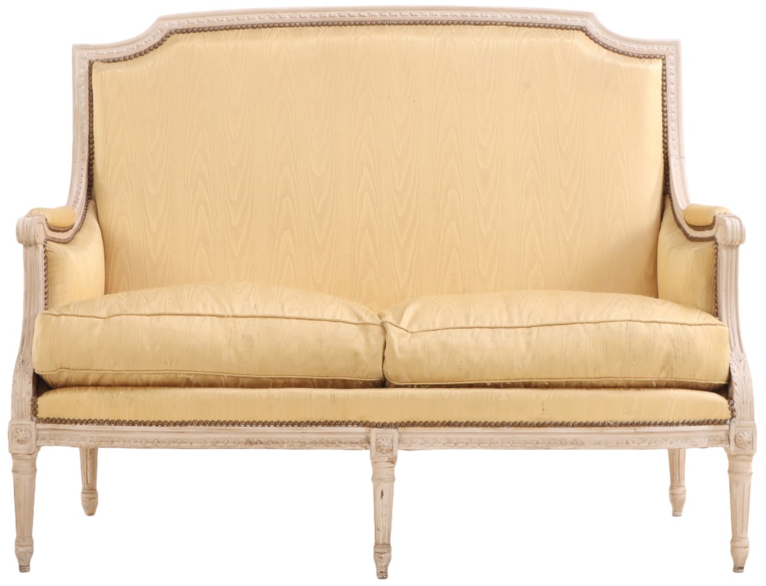 FRENCH LOUIS XVI STYLE PAINTED AND UPHOLSTERED FIVE LEG SETTEE C 1920. (1 of 6)