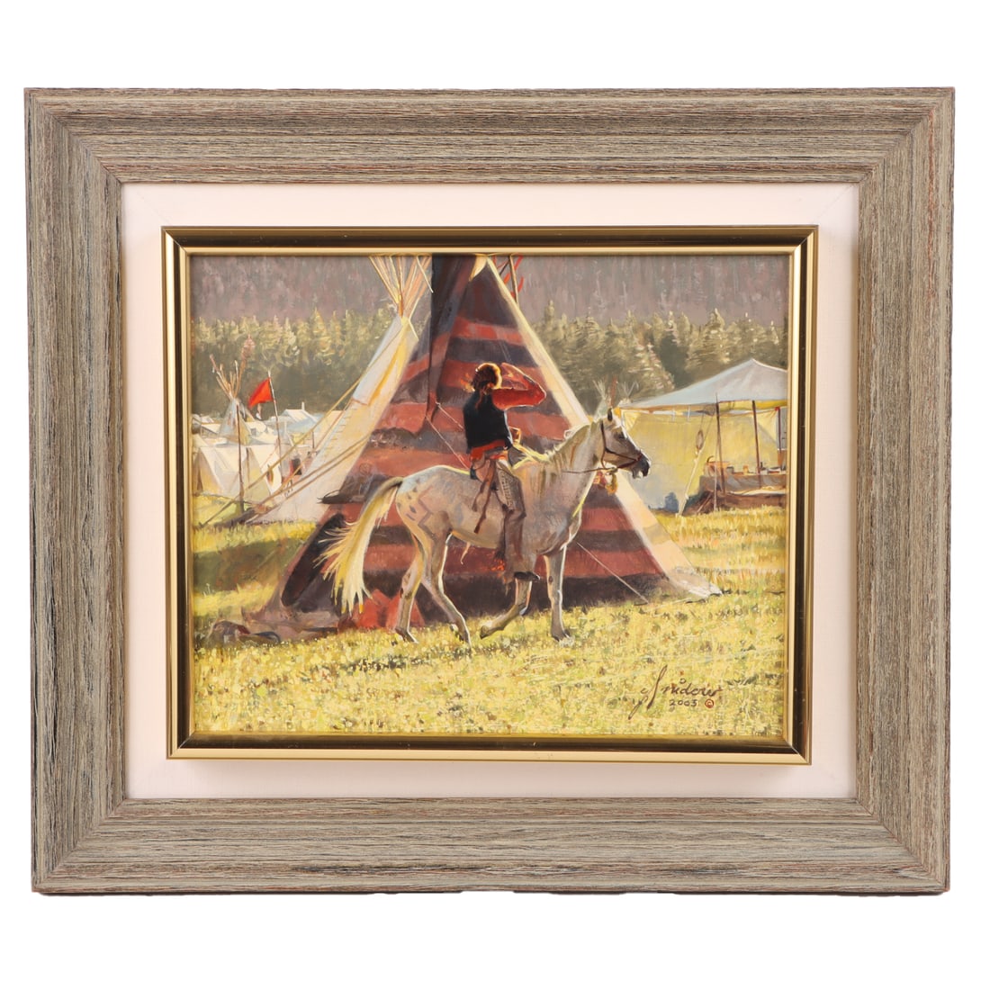 GORDON SNIDOW (AMERICAN B. 1936) YAH-TAY GOUACHE ON BOARD, SIGNED G. SNIDOW, C. 200: Gordon Snidow (American b. 1936) Yah-Tay depicting a Native American on horseback greeting his people, gouache on board. Signed G. Snidow C. 2003 Housed in original custom frame Interior Ht: 11" Wd: 1